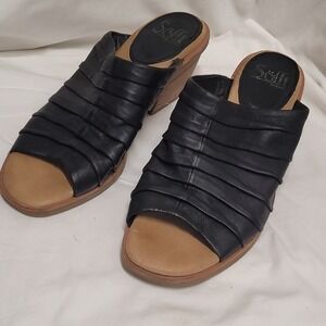 Sofft Black Leather Pleated Mule Sandals SF0043501 Womens 8.5 M Stacked Heel